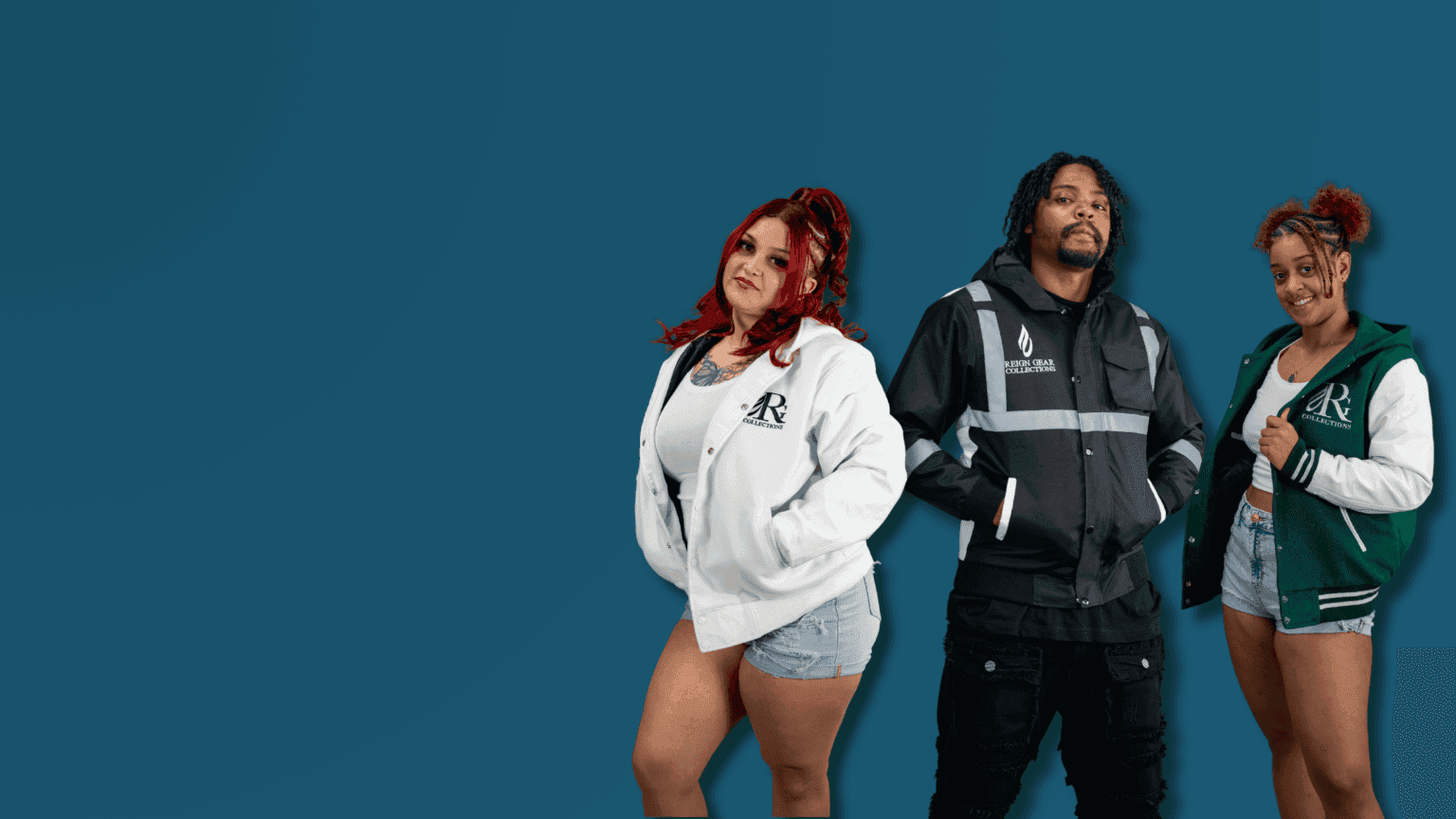 Diverse Reign Gear LLC team members posing confidently against a blue background.